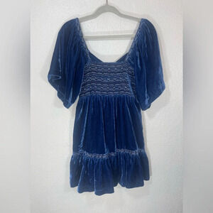 Free People Easy To Love Velvet Smocked Mini Dress Women’s XS In Shaded Lake